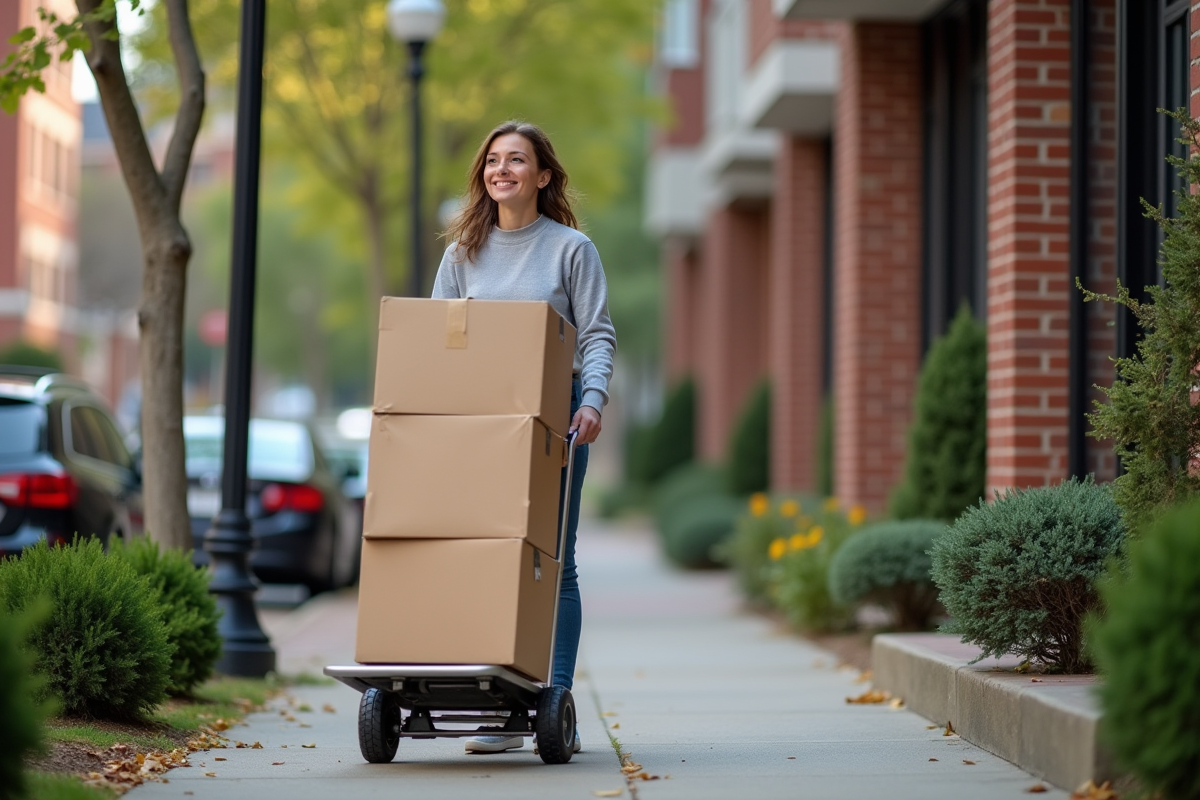 Femme souriante poussant dolly avec cartons dehors