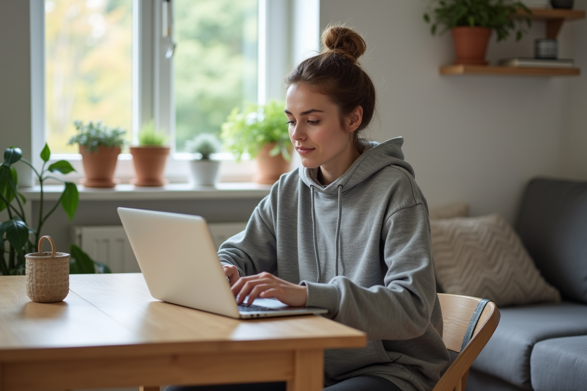 Jeune femme recherchant des solutions de retrait de canapé sur son ordinateur