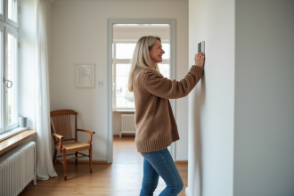 Femme d'âge moyen réglant un thermostat dans son salon moderne
