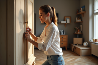 Femme en linen sandant un vieux meuble en bois dans un salon lumineux