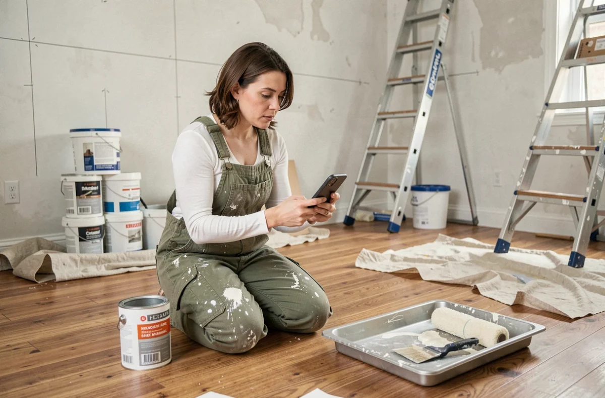 Femme bricolant dans un salon en rénovation tout en consultant un site de conseils maison sur son smartphone