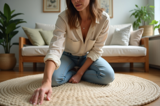 Jeune femme touchant un tapis en fibres naturelles dans un salon