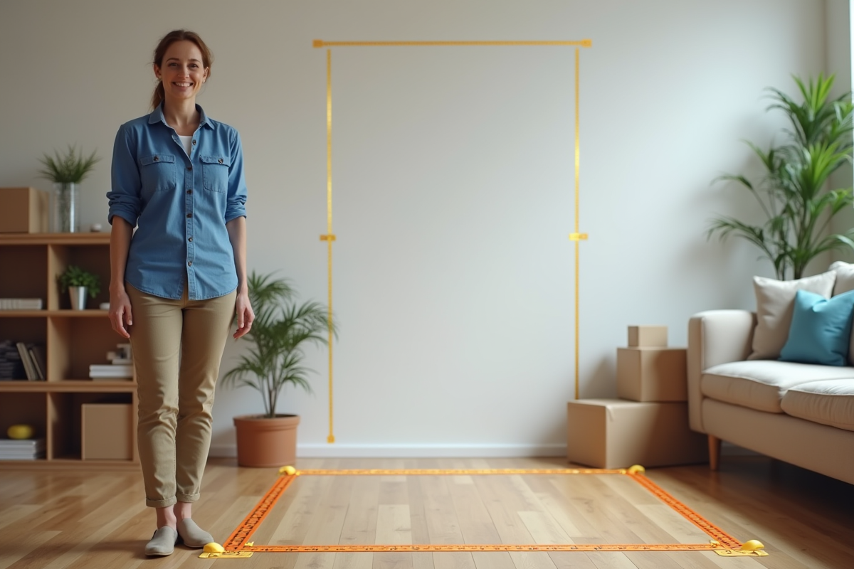 Femme souriante dans un salon avec espace de 6m3 marqué