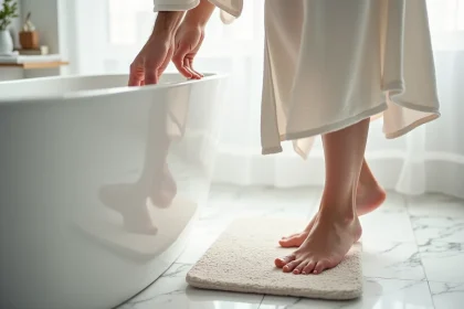 Femme souriante testant un tapis antidérapant dans la salle de bain