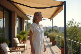 Femme ajustant une bannette sur terrasse moderne en bois
