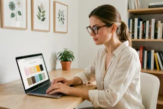 Femme utilisant un test de décoration intérieure en ligne sur son ordinateur portable dans un bureau scandinave épuré