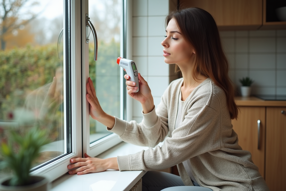 Jeune femme mesurant la température du verre de la fenêtre