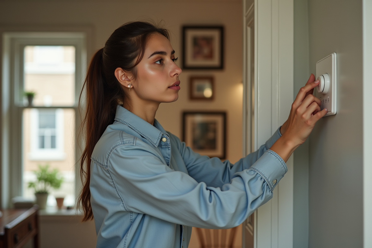 Jeune femme ajustant un thermostat dans un couloir lumineux