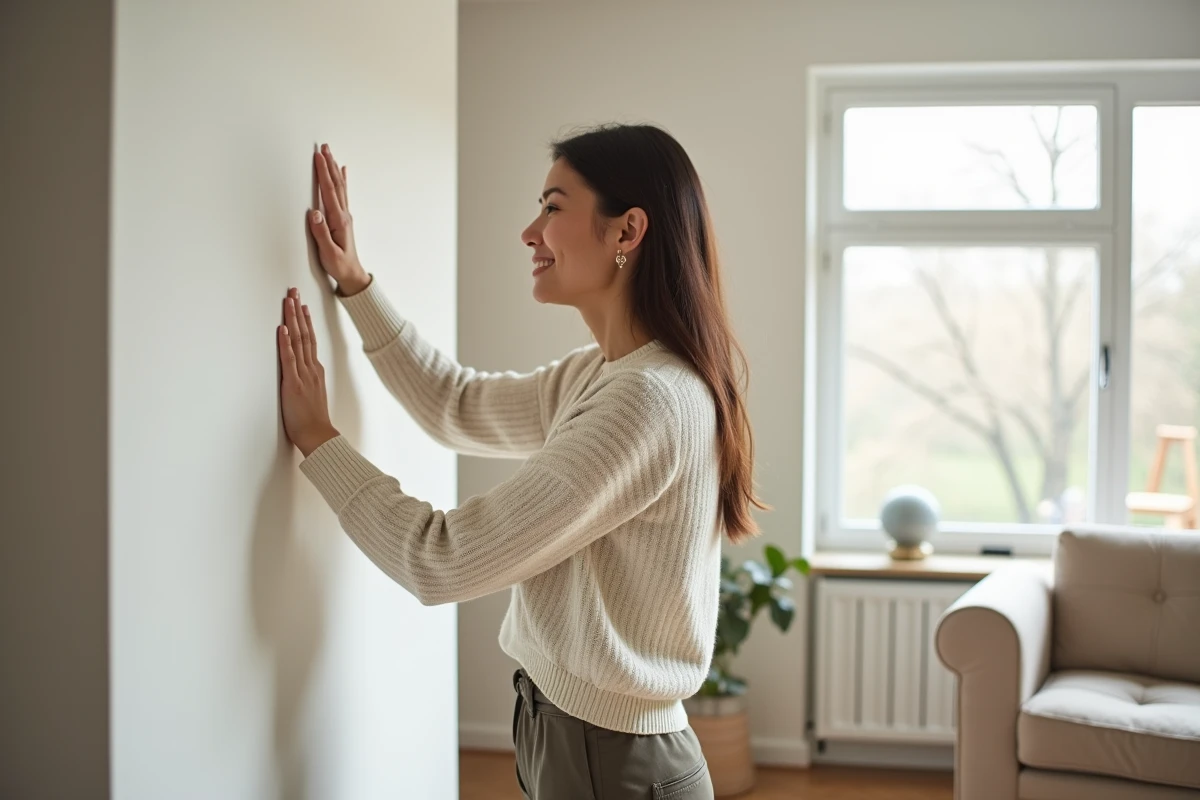 Jeune femme touchant un mur en drywall dans un bureau lumineux