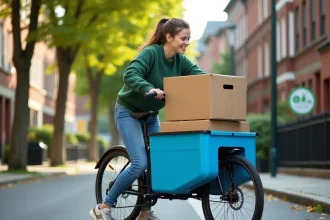 Jeune femme chargeant un vélo cargo vert en ville
