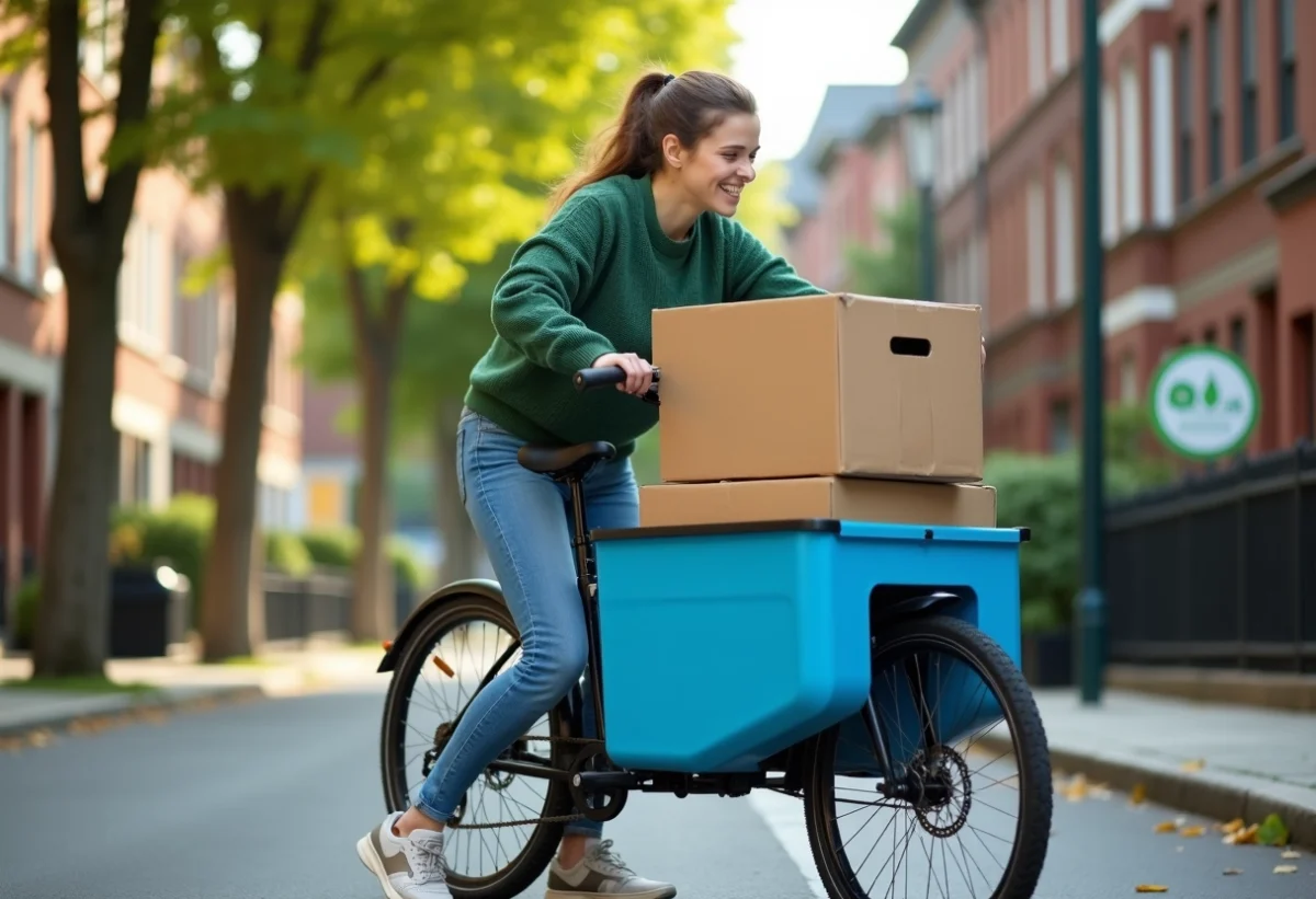 Jeune femme chargeant un vélo cargo vert en ville
