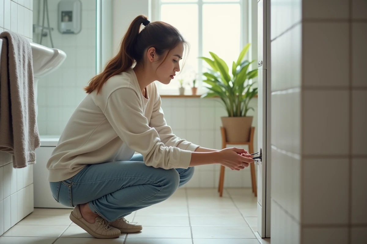 Jeune femme inspectant un c&acirc;ble dans une salle de bain lumineuse