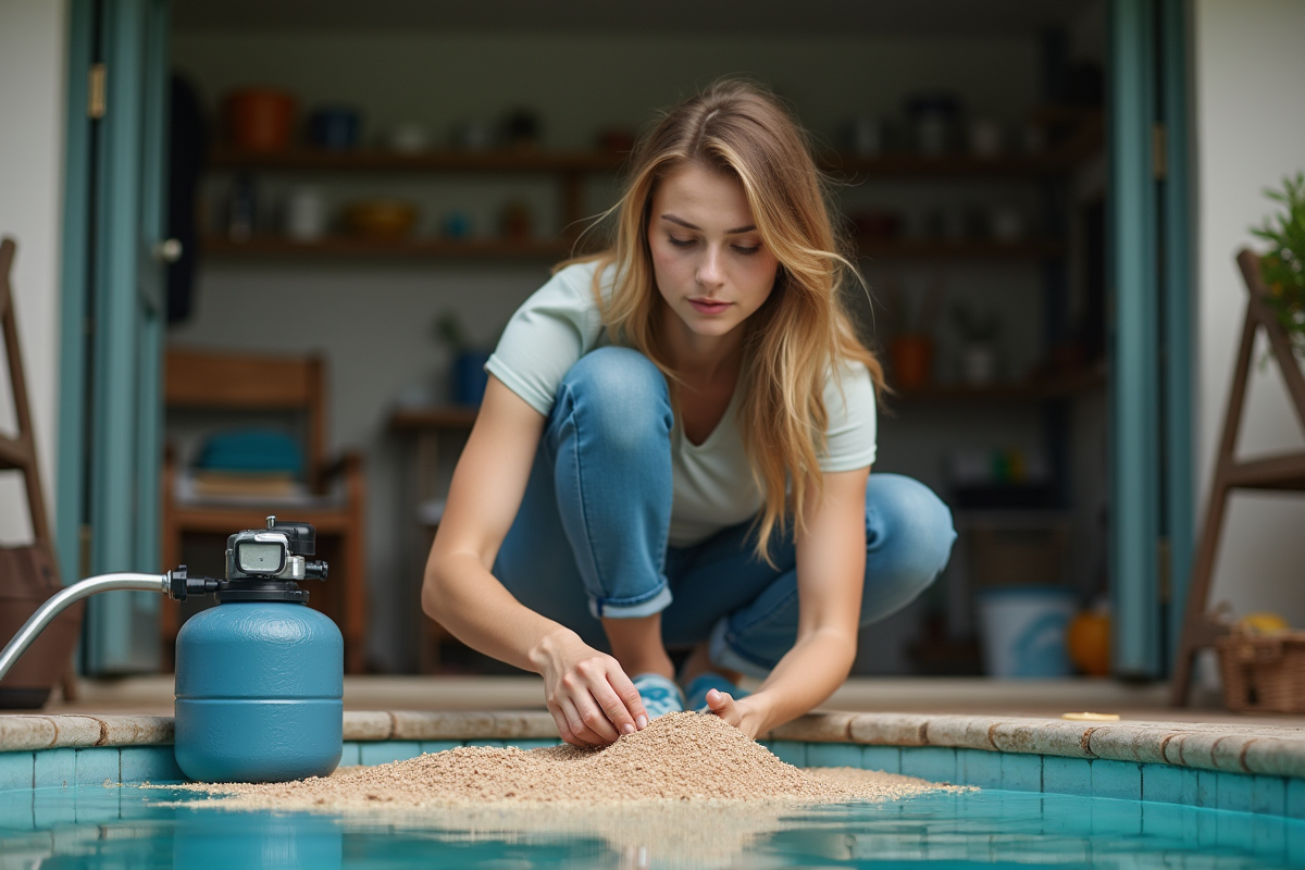 Jeune femme inspectant le media de filtration de la piscine