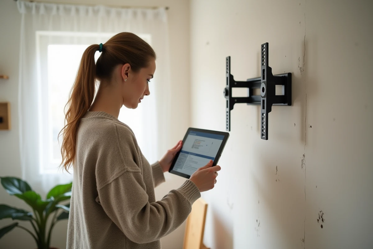 Jeune femme consultant une tablette pour fixer un TV