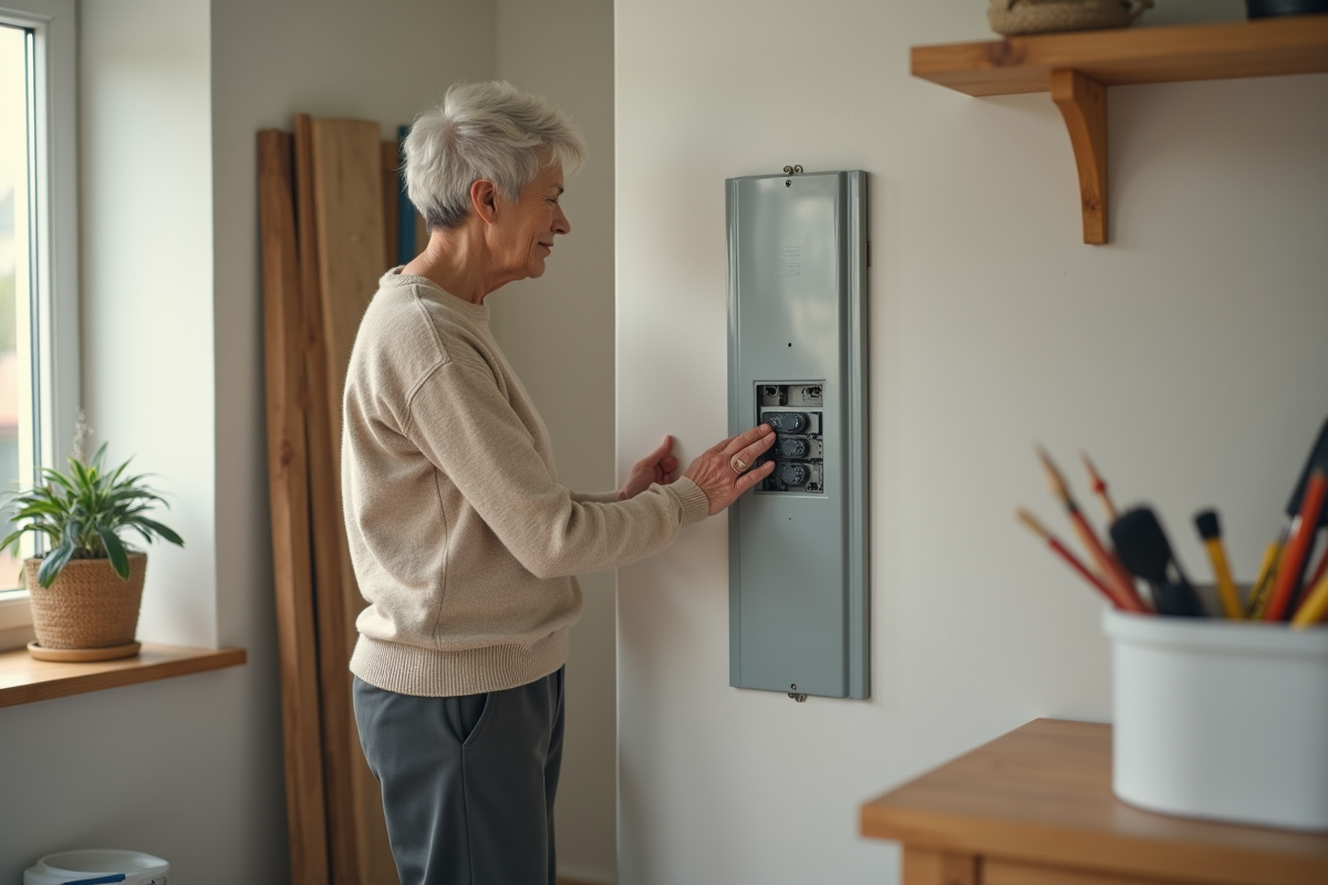 Femme senior vérifiant un panneau électrique moderne dans une pièce lumineuse