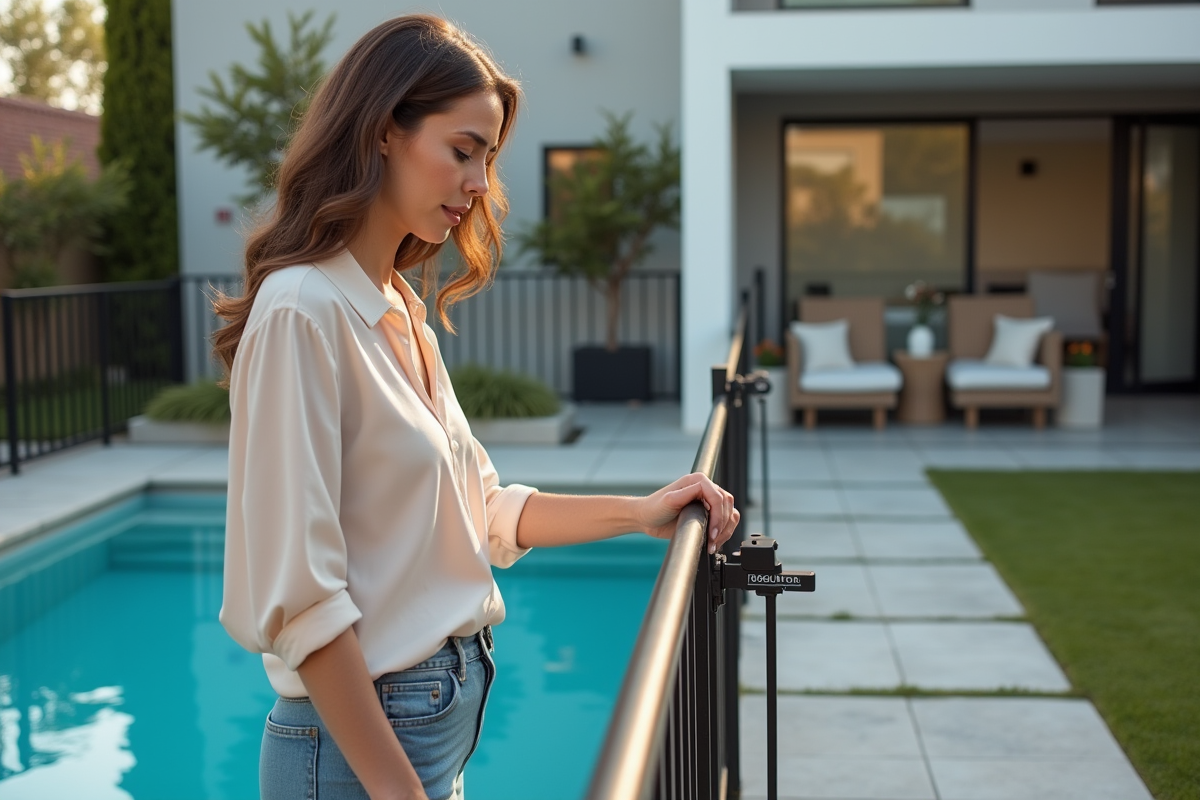 Femme inspectant un panneau de sécurité près de la piscine