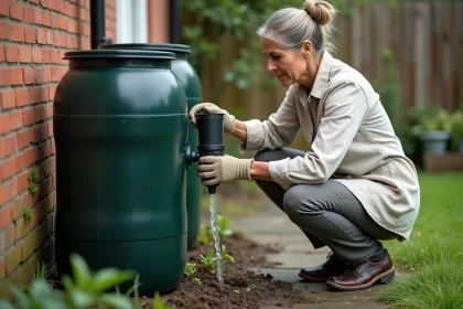 Femme examinant un filtre de récupération d'eau de pluie fixé sur une cuve de jardin en plastique vert contre un mur de maison individuelle