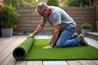 Retrait de gazon artificiel avec une bêche dans un jardin