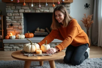 Décoration d'intérieur d'Halloween avec citrouilles et fantômes flottants