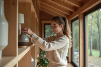 Intérieur d'une maison en bois avec cloisons et menuiseries