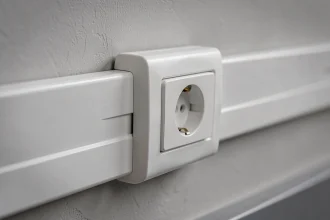 Goulotte PVC blanche avec prise électrique 45x45 intégrée montée sur un mur de bureau moderne