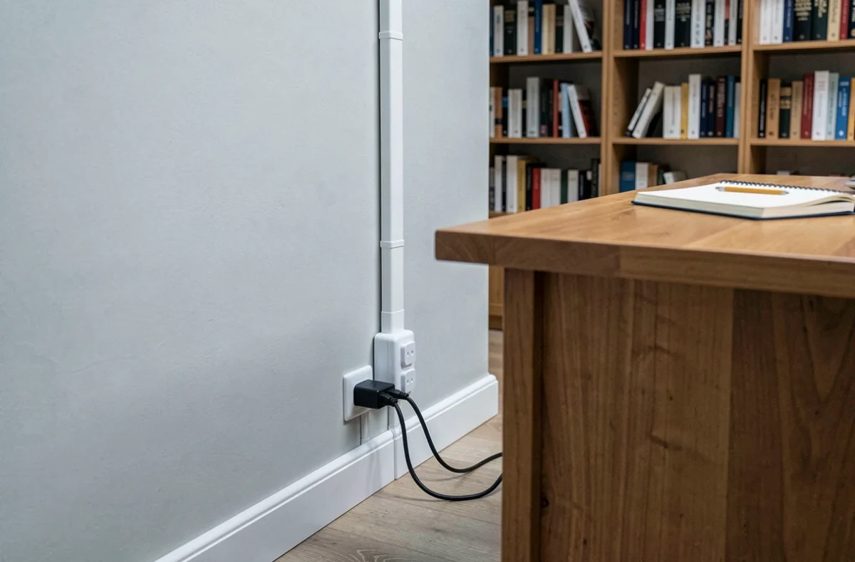 Bureau à domicile avec goulotte blanche et prises 45x45 intégrées installées le long du mur