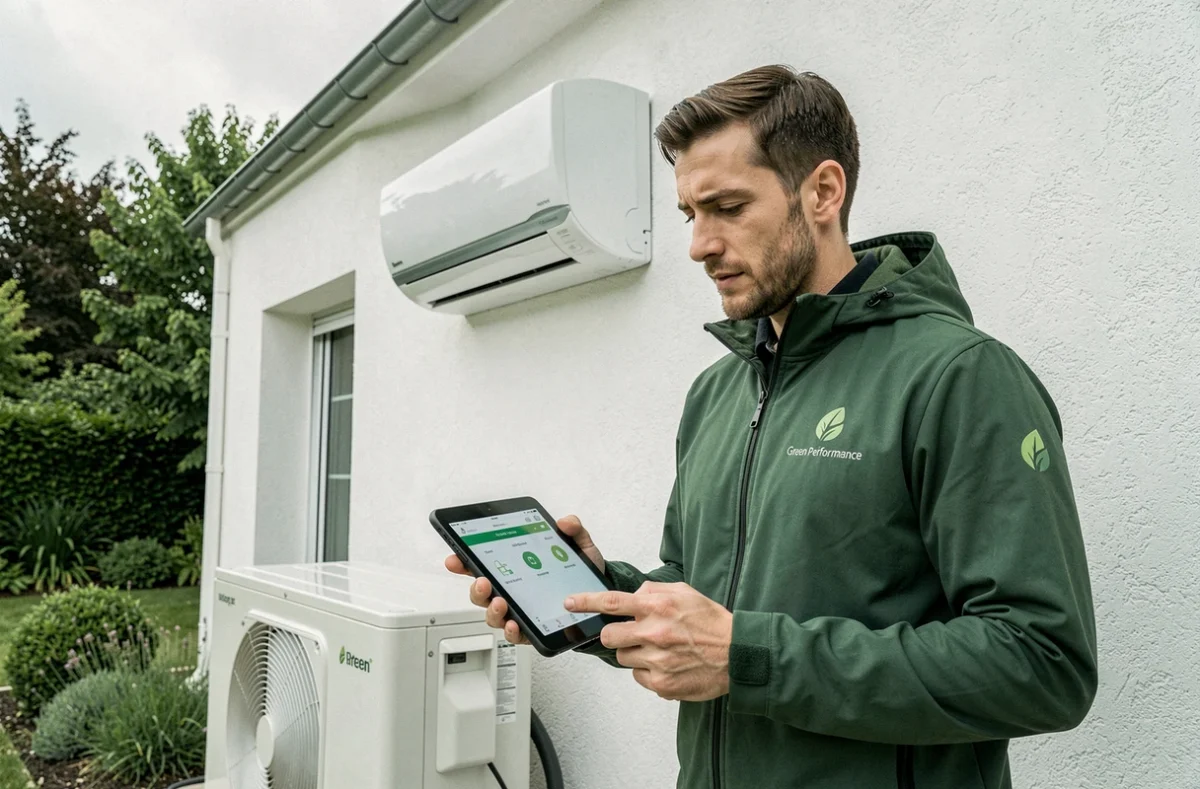 Spécialiste Green Performance devant une climatisation installée sur une maison moderne avec jardin dans le Pas-de-Calais