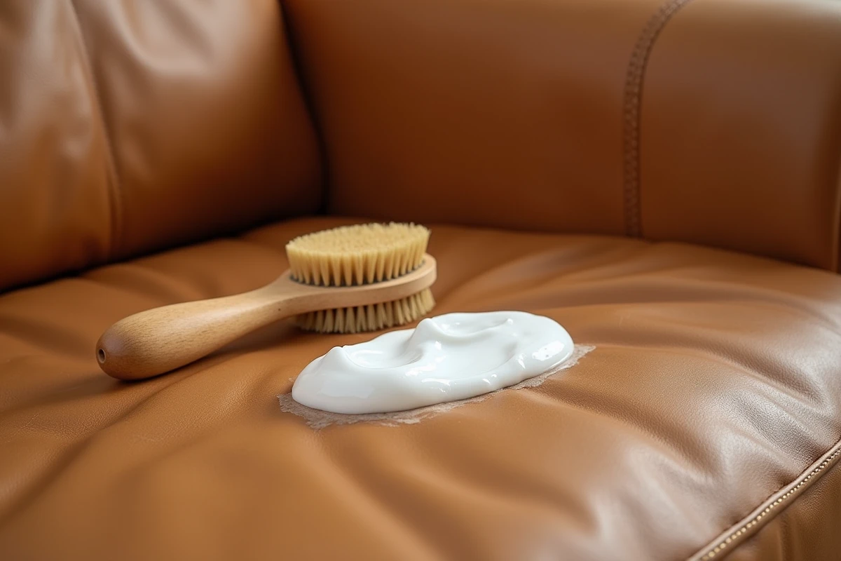 Gros plan sur un canapé en cuir abîmé avec un produit nettoyant appliqué sur la surface craquelée