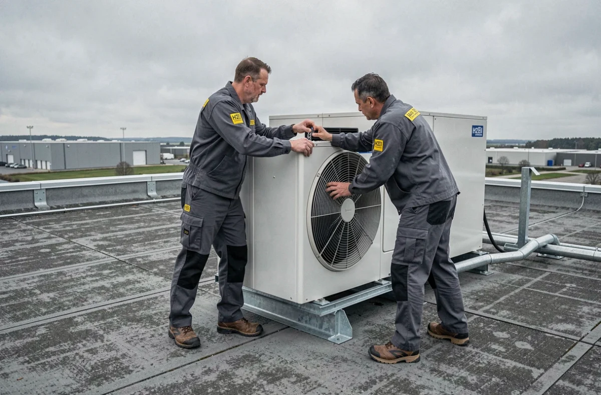 Deux techniciens H2EI ENERGIES installant une grande unité de climatisation commerciale sur le toit d'un entrepôt dans le nord de la France