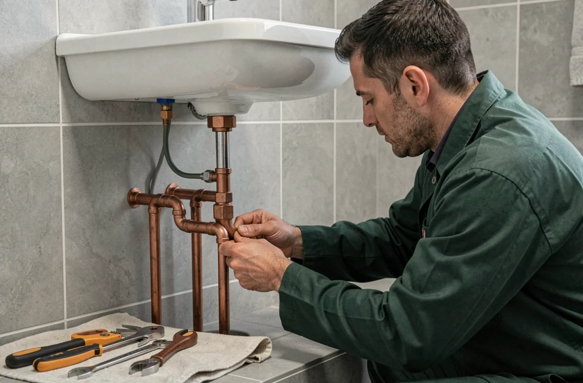 Plombier sanitaire connectant la tuyauterie en cuivre sous un lavabo dans une salle de bain en Loire-Atlantique