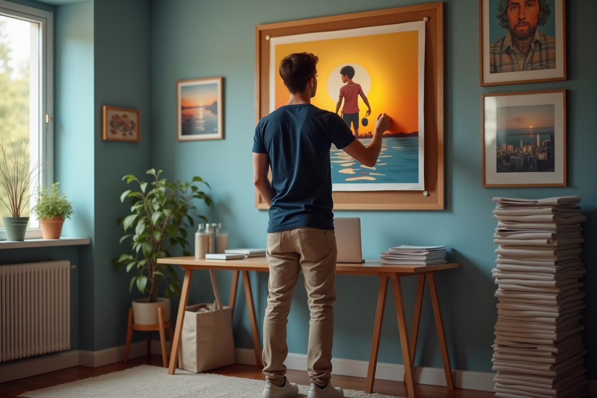 Jeune homme accroche un poster de film sur un tableau en home office