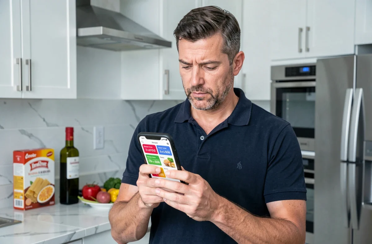 Homme utilisant une application mobile de courses Carrefour pour repérer des promotions dans sa cuisine moderne