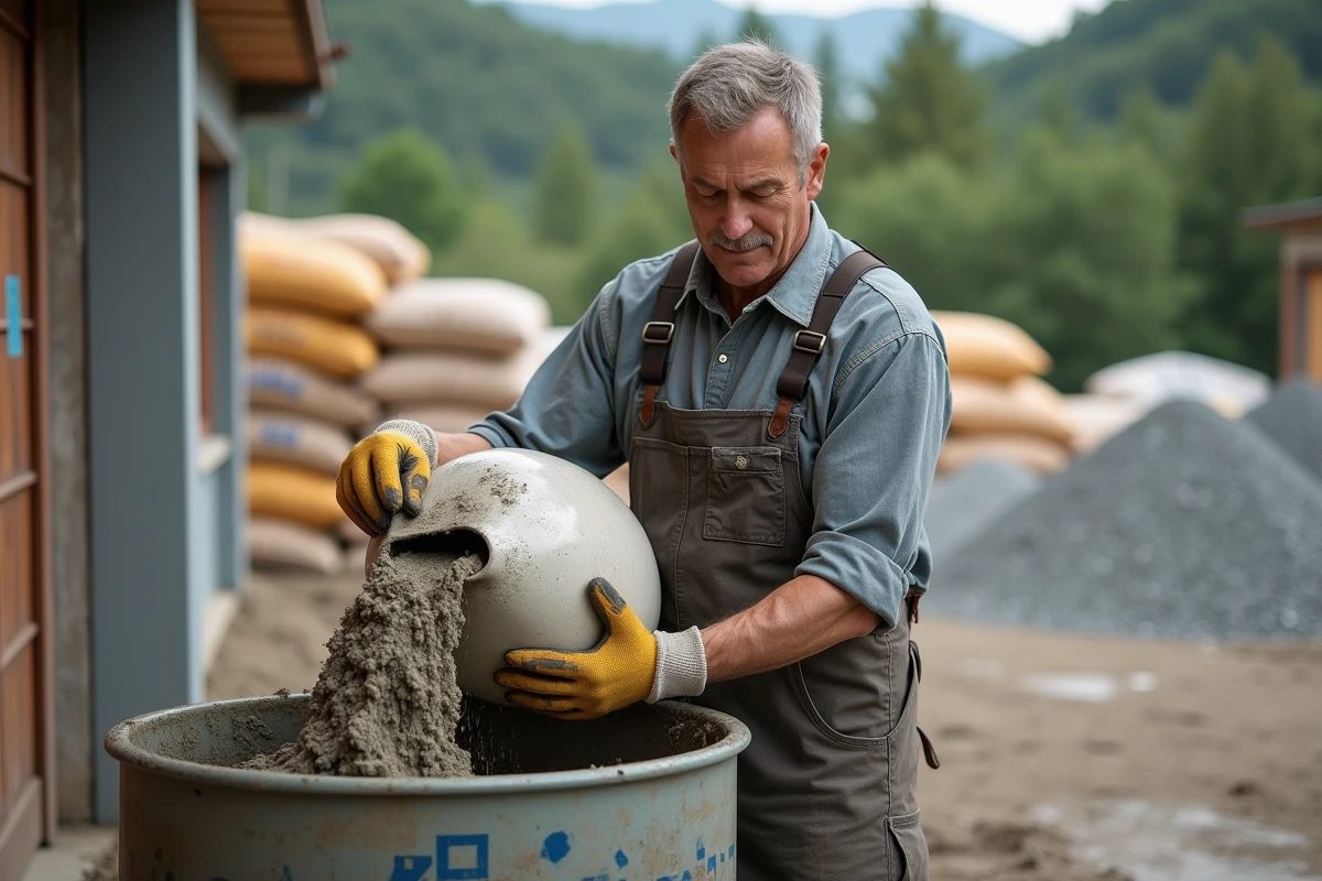 Ouvrier versant du ciment dans un chantier de construction