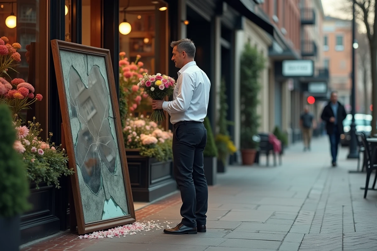 Homme regardant un miroir cassé devant une boutique de fleurs