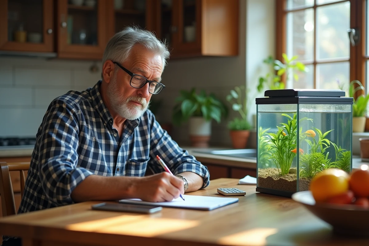 Homme calculant le volume d&rsquo;un aquarium &agrave; la maison