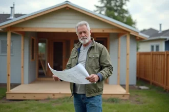 Homme en extérieur examinant des plans de maison