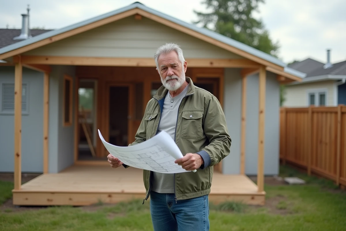 Homme en extérieur examinant des plans de maison