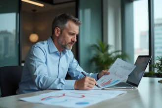 Homme d'affaires analysant un rapport web en bureau