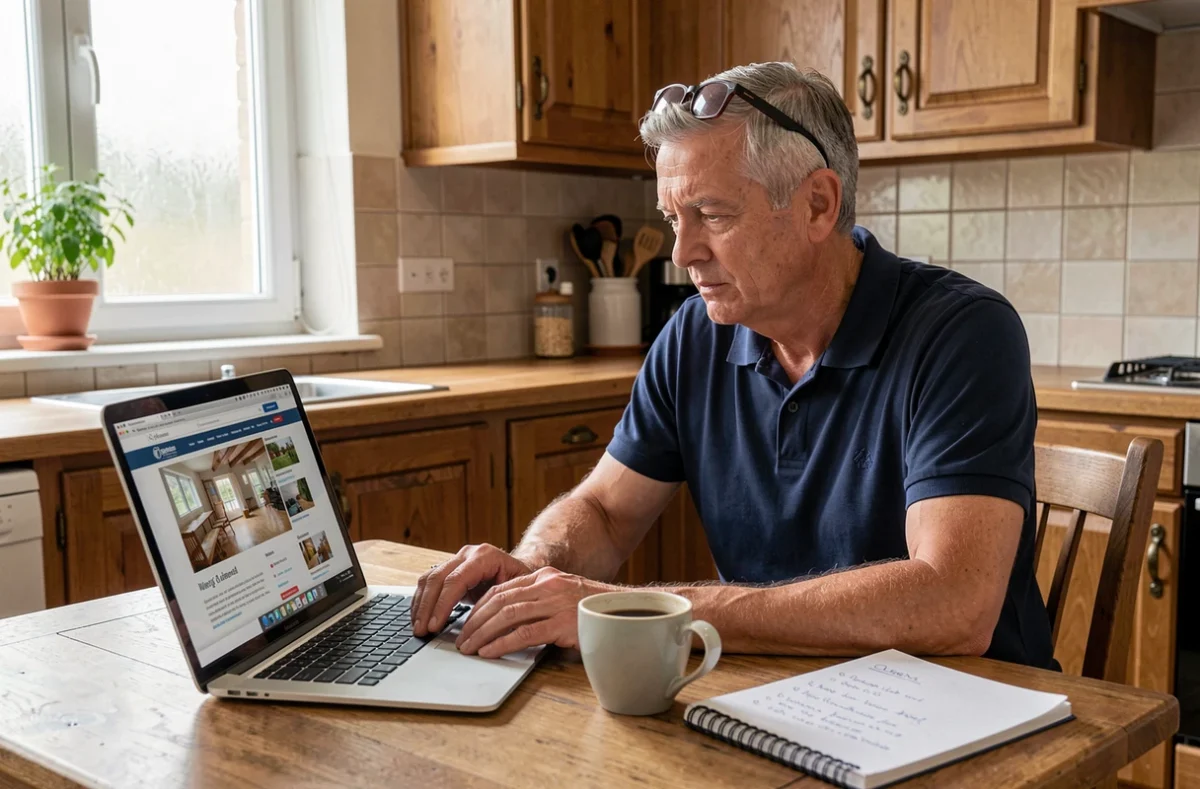 Homme mûr consultant le site Gospi.fr sur un ordinateur portable dans sa cuisine pour ses projets de bricolage