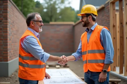 Homme d'affaires serrant la main d'un ouvrier du bâtiment