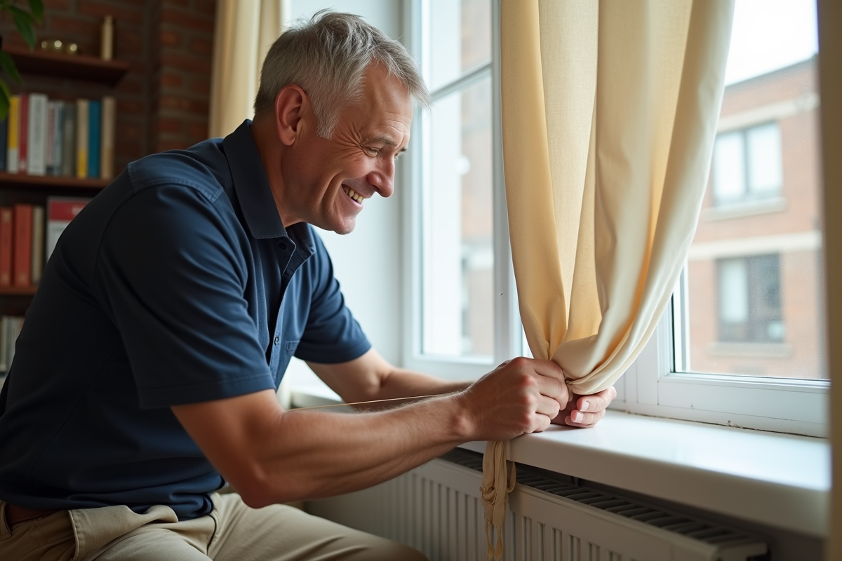 Homme cousant un rideau pastel dans un appartement urbain