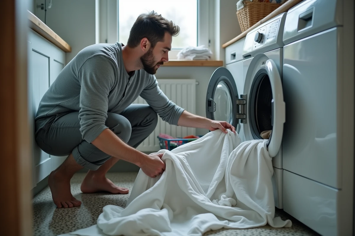 Homme sortant un drap blanc grisâtre du tambour d'un lave-linge dans une buanderie