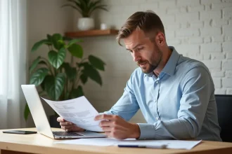 Homme d'âge moyen examinant un certificat énergétique dans un intérieur écologique