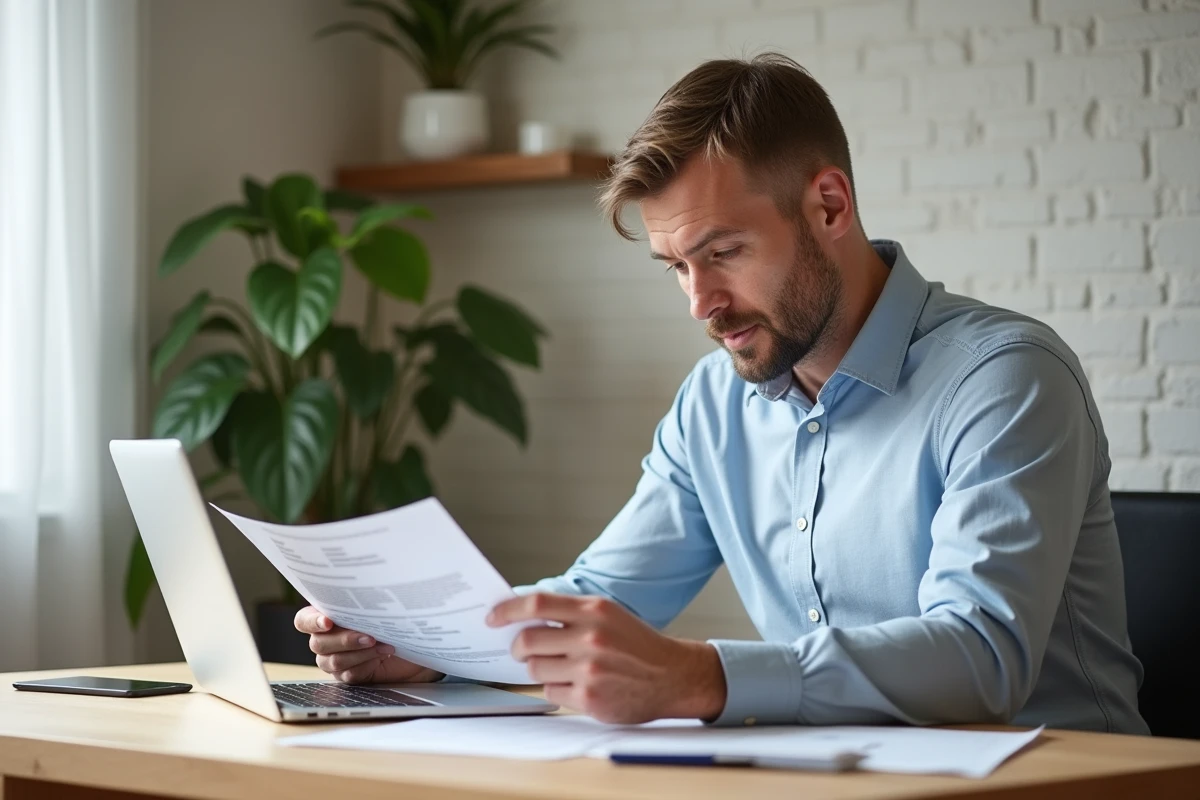 Homme d'âge moyen examinant un certificat énergétique dans un intérieur écologique