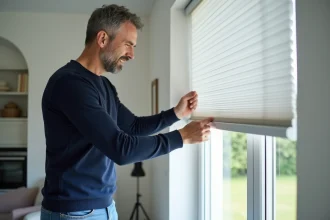 Homme d'âge moyen inspectant un volet roulant blanc dans une maison moderne