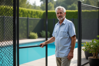 Homme d'âge moyen ferme calmement le portail de la piscine extérieure
