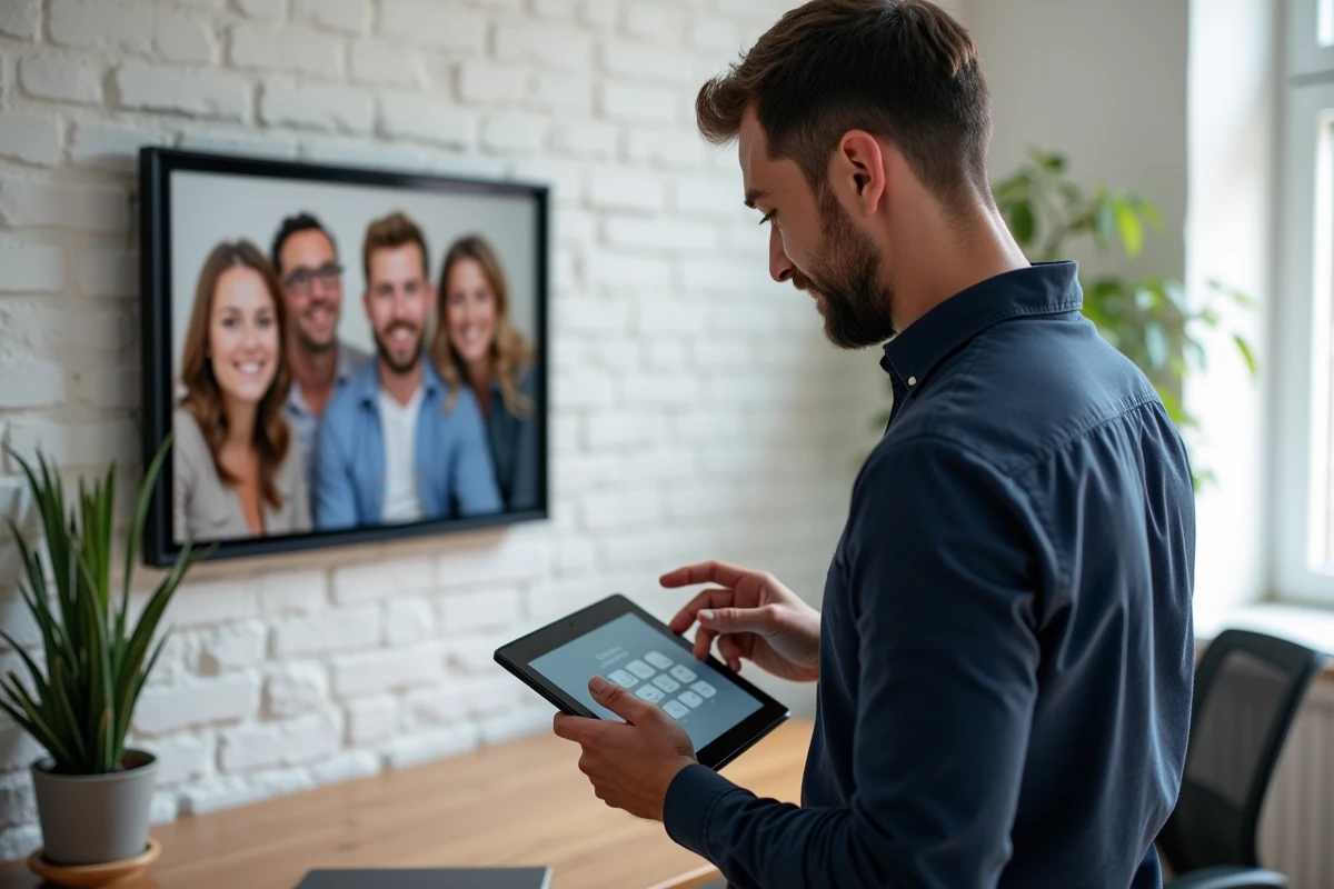 Homme installant une application mobile pour cadre photo connecté dans un bureau à domicile organisé