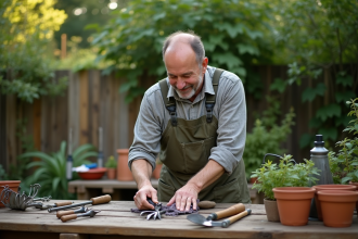 Homme d'âge moyen nettoyant des outils de jardinage dans son atelier