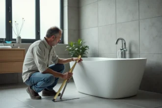 Homme mesurant une baignoire dans une salle de bain moderne