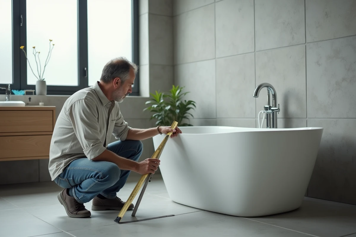 Homme mesurant une baignoire dans une salle de bain moderne
